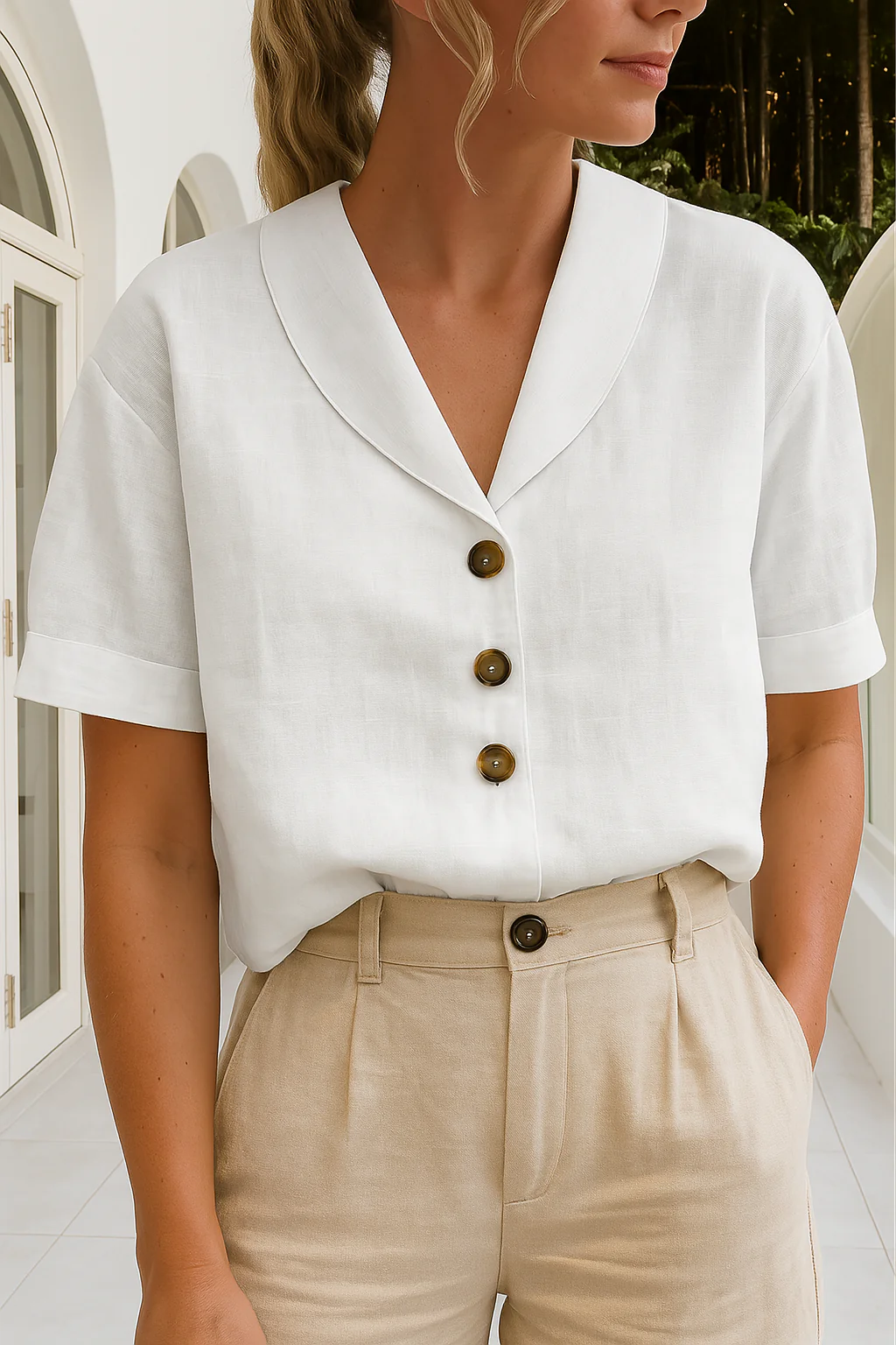 Lena - Women’s Blouse with Scarf Collar and Front Button Closure