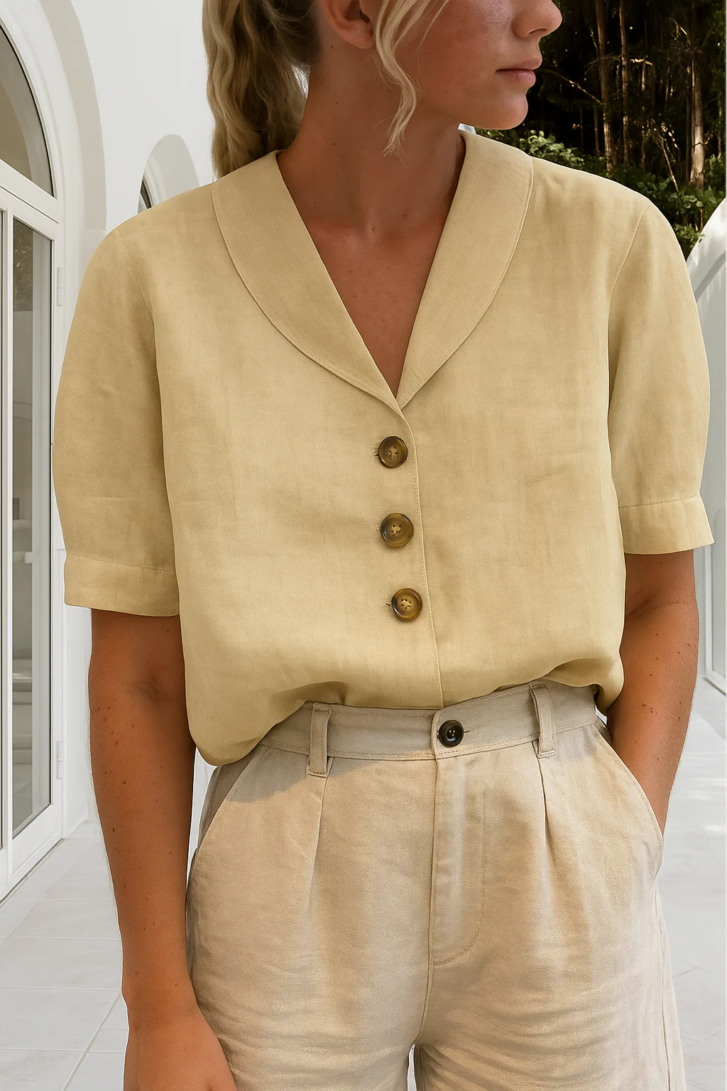 Lena - Women’s Blouse with Scarf Collar and Front Button Closure