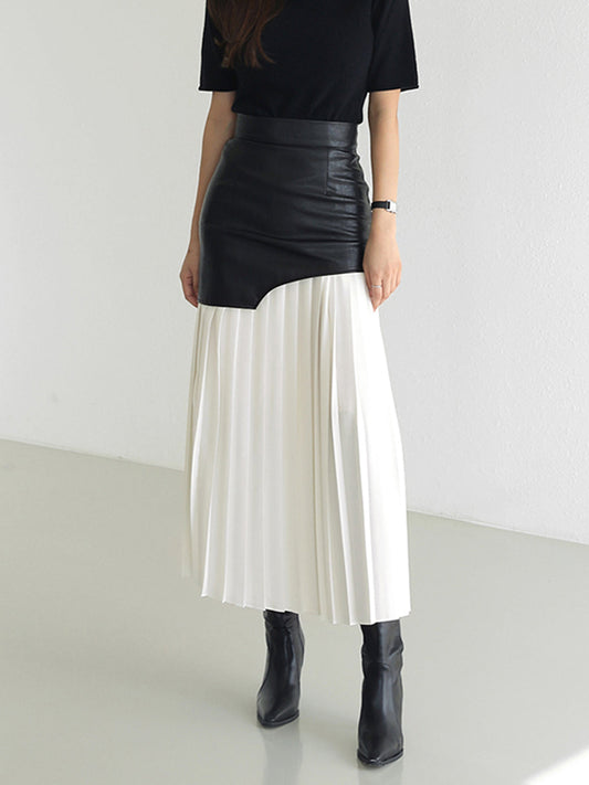 Asymmetric Faux Leather Pleated Maxi Skirt