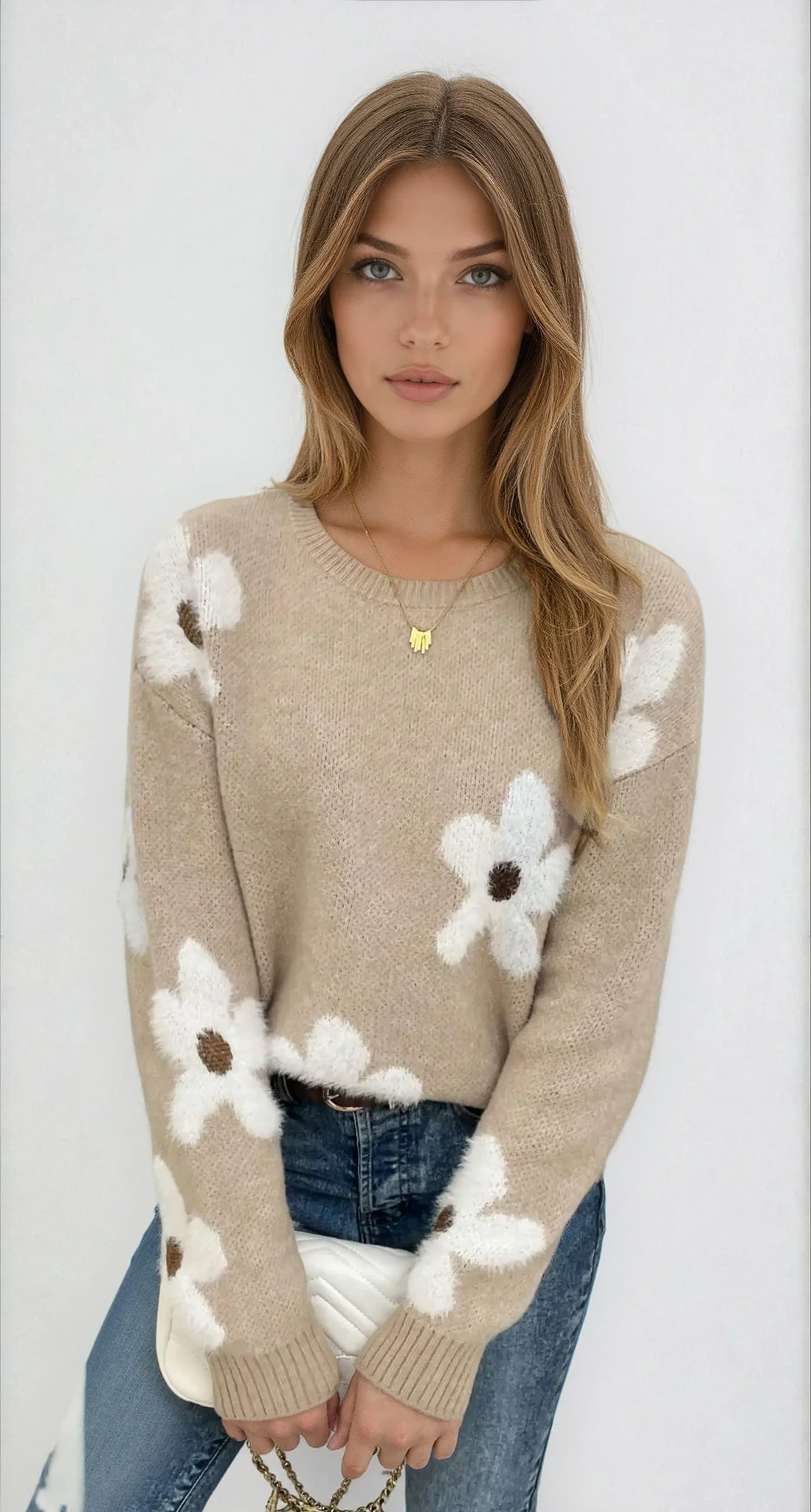 Women's Round Neck Knit Floral Sweater
