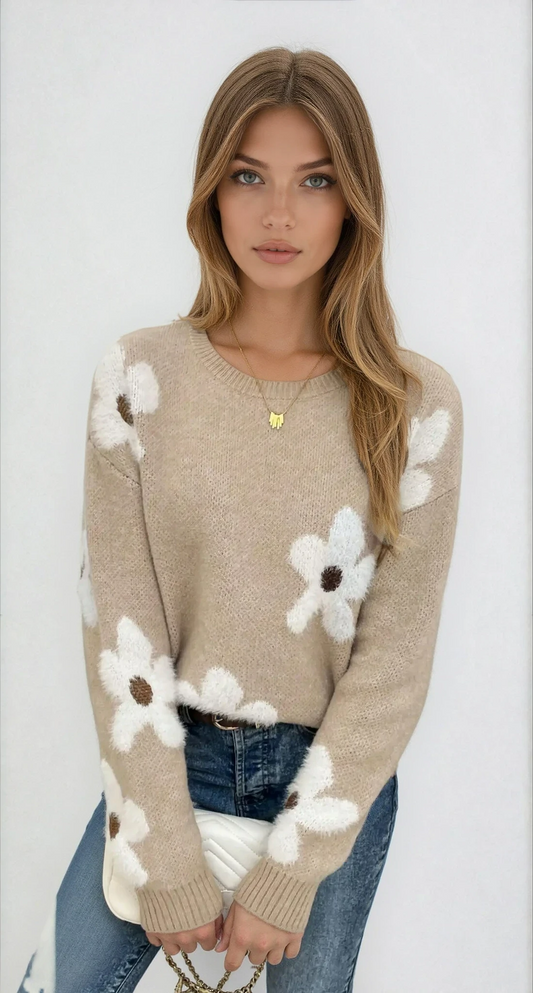 Women's Round Neck Knit Floral Sweater