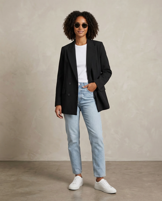Classic Tailored Black Blazer – Elegant Double Breasted Casual Chic Jacket
