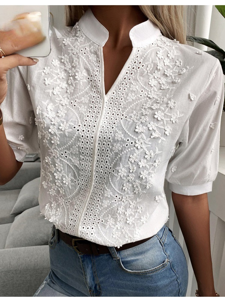 Romantic White Blouse with Floral Design