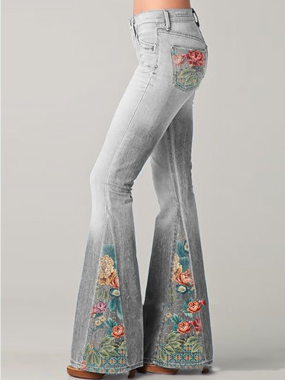 Women's Bootcut Denim Jeans with Flower Embroidered