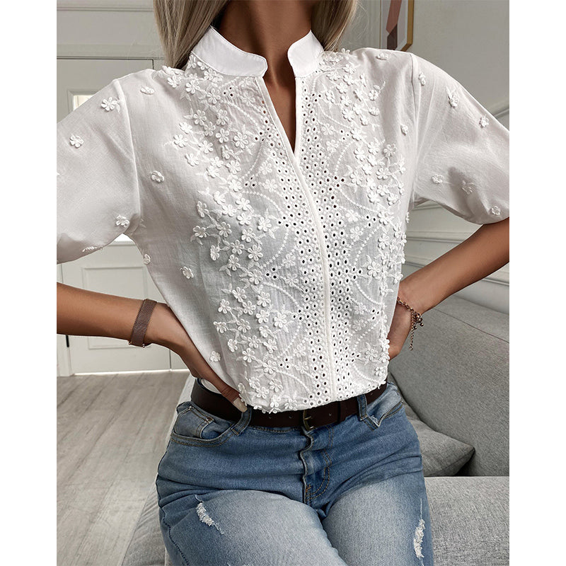 Romantic White Blouse with Floral Design