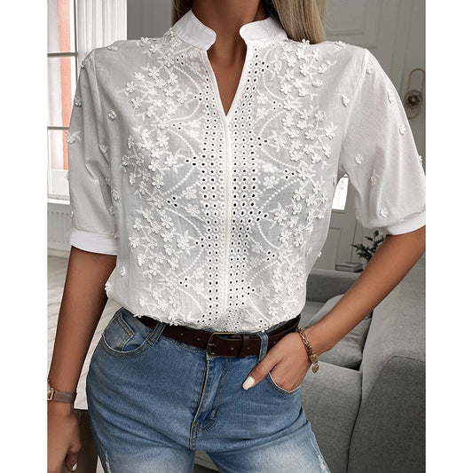 Romantic White Blouse with Floral Design