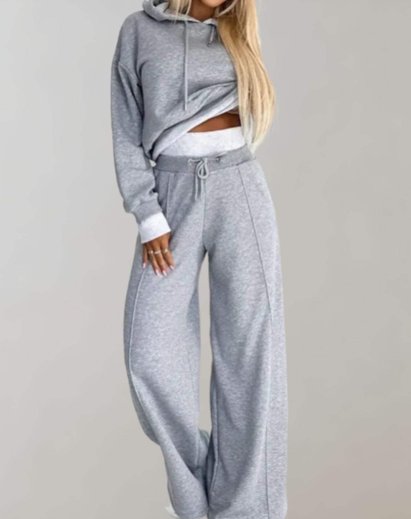 2-Piece Hoodie Tracksuit Set with Wide-Leg Trousers for Women