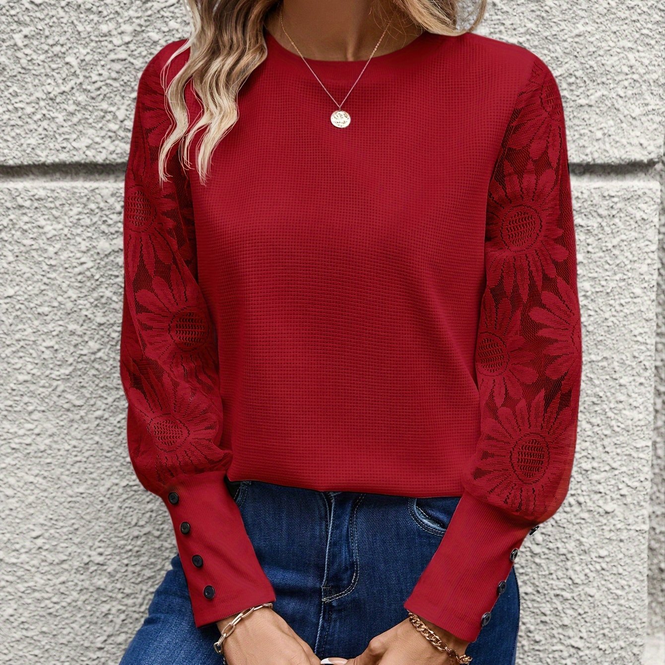 Women’s Stylish Floral Lace Tee – Elegant Round Neck T-Shirt